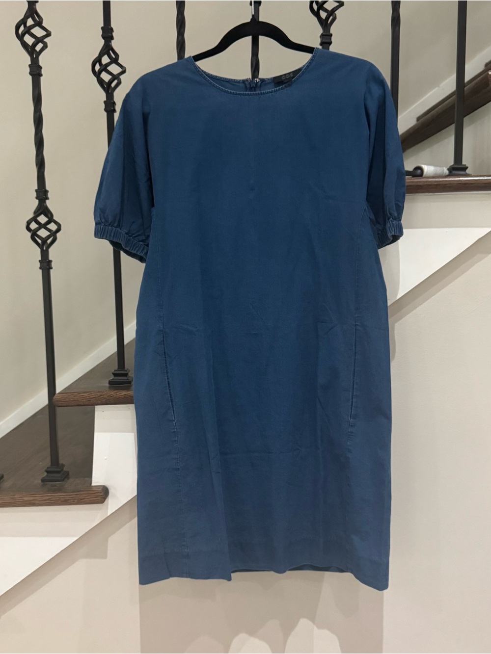 COS Blue Chambray 100% Cotton Puff Sleeve Shift Dress with Pockets Minimalist